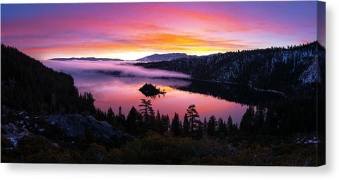 Emerald Bay Foggy Fire - Canvas Print by Brad Scott