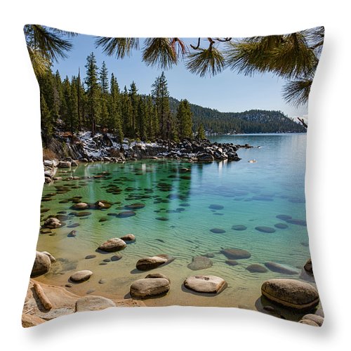Secret Cove Through The Trees By Brad Scott - Throw Pillow-Lake Tahoe Prints