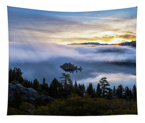 Emerald Bay Foggy Sunrise - Tapestry by Brad Scott