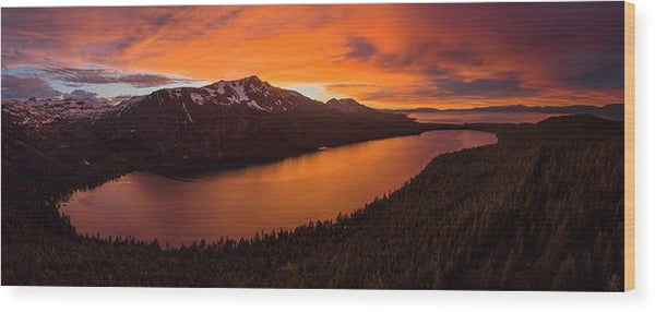 Fallen Leaf Lake Sunset Aerial By Brad Scott - Wood Print