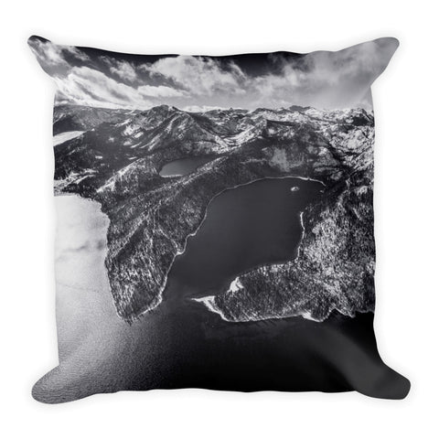 Emerald Bay Aerial Black and White Square Pillow-Lake Tahoe Prints